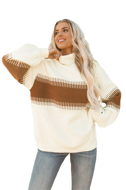 White Ribbed High Neck Bishop Sleeve Sweater