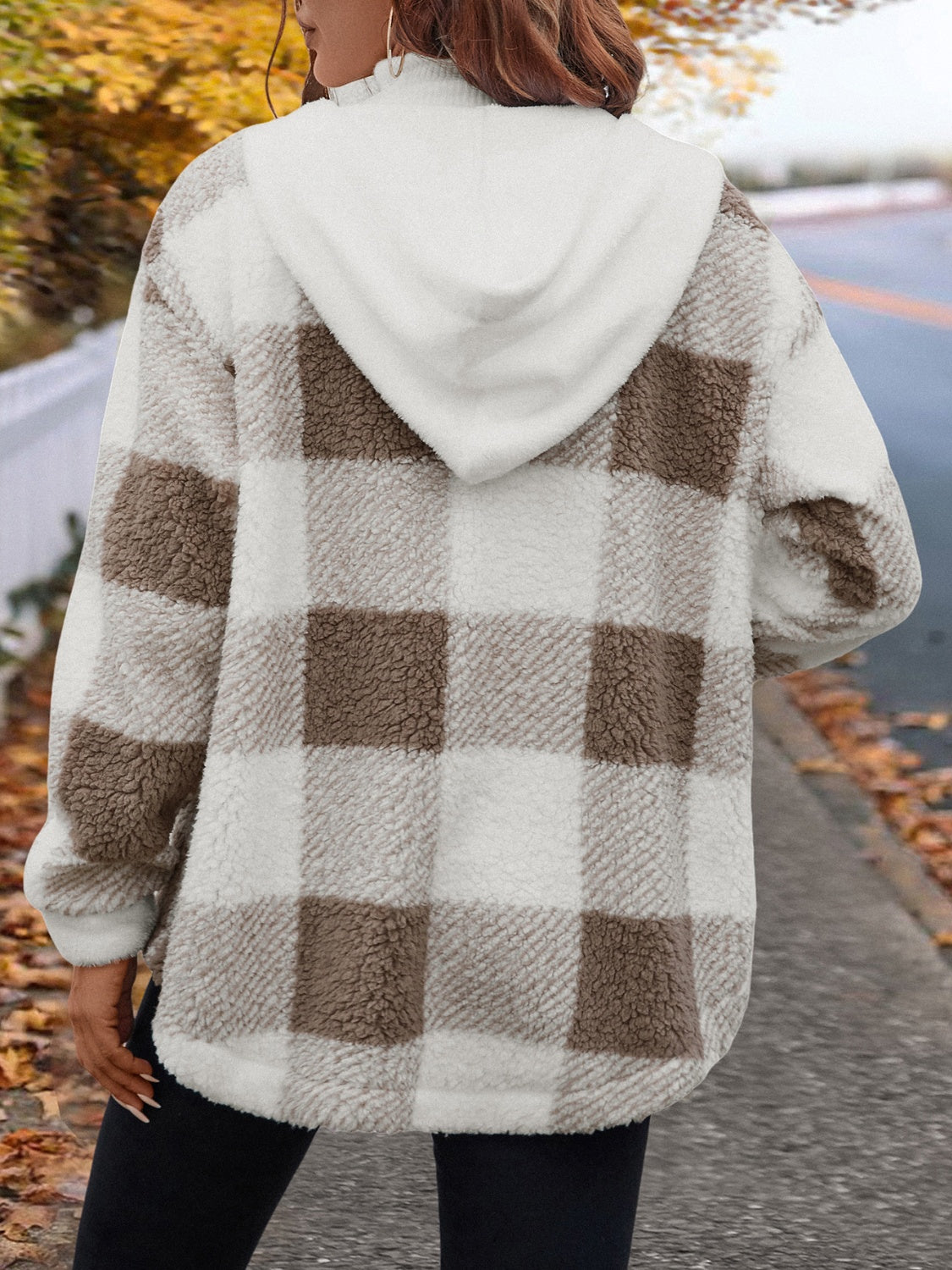 Fuzzy Plaid Button Up Hooded Jacket