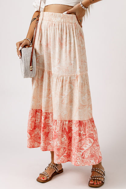 Pink Floral Print Boho Ruffle Hem Tiered Maxi Skirt