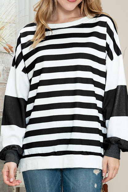 Black Striped Colorblock Drop Shoulder Pullover Sweatshirt