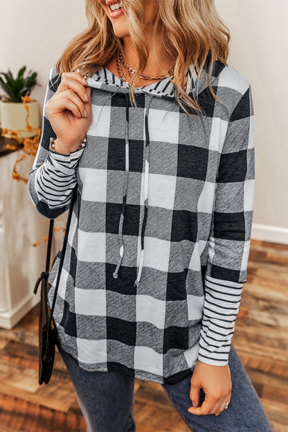 Multicolour Plaid & Striped Patchwork Drawstring Hoodie