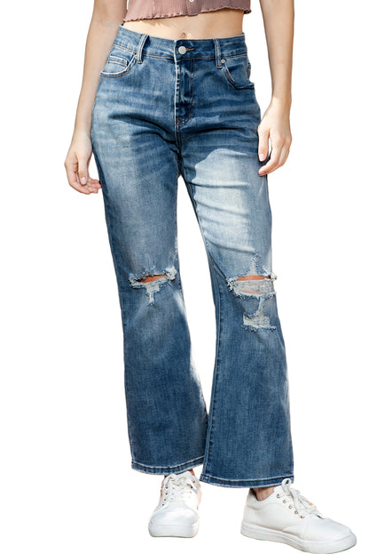 Sky Blue Casual Distressed Ripped Flare Jeans