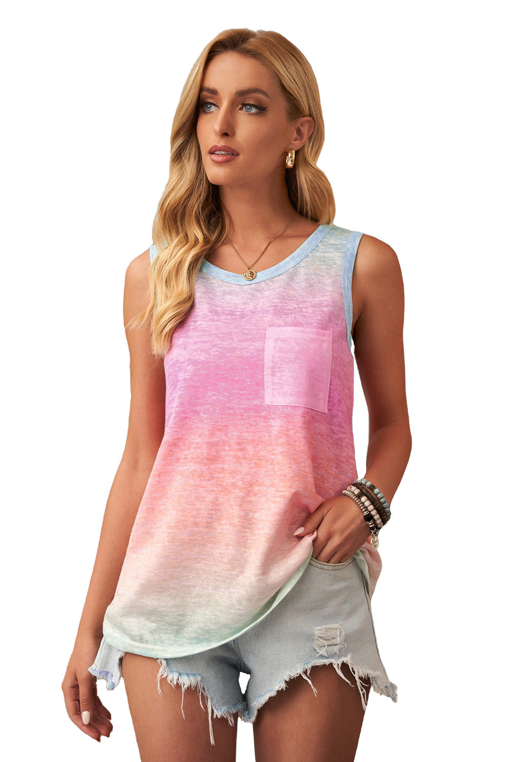 Pink & Blue Tie Dye Front Pocket Sleeveless Tank Top