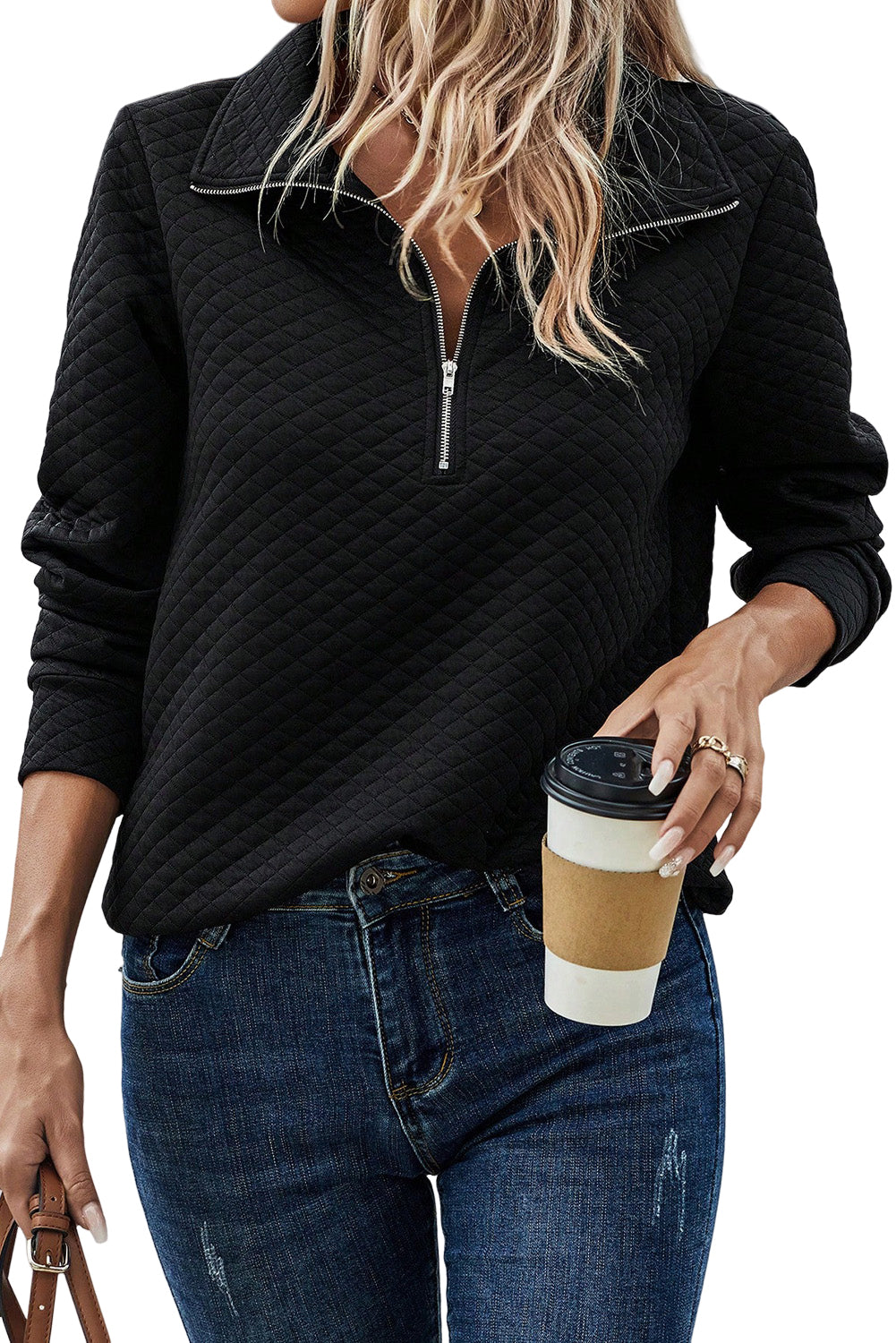 Black Solid Color Half Zipper Quilted Pullover Sweatshirt