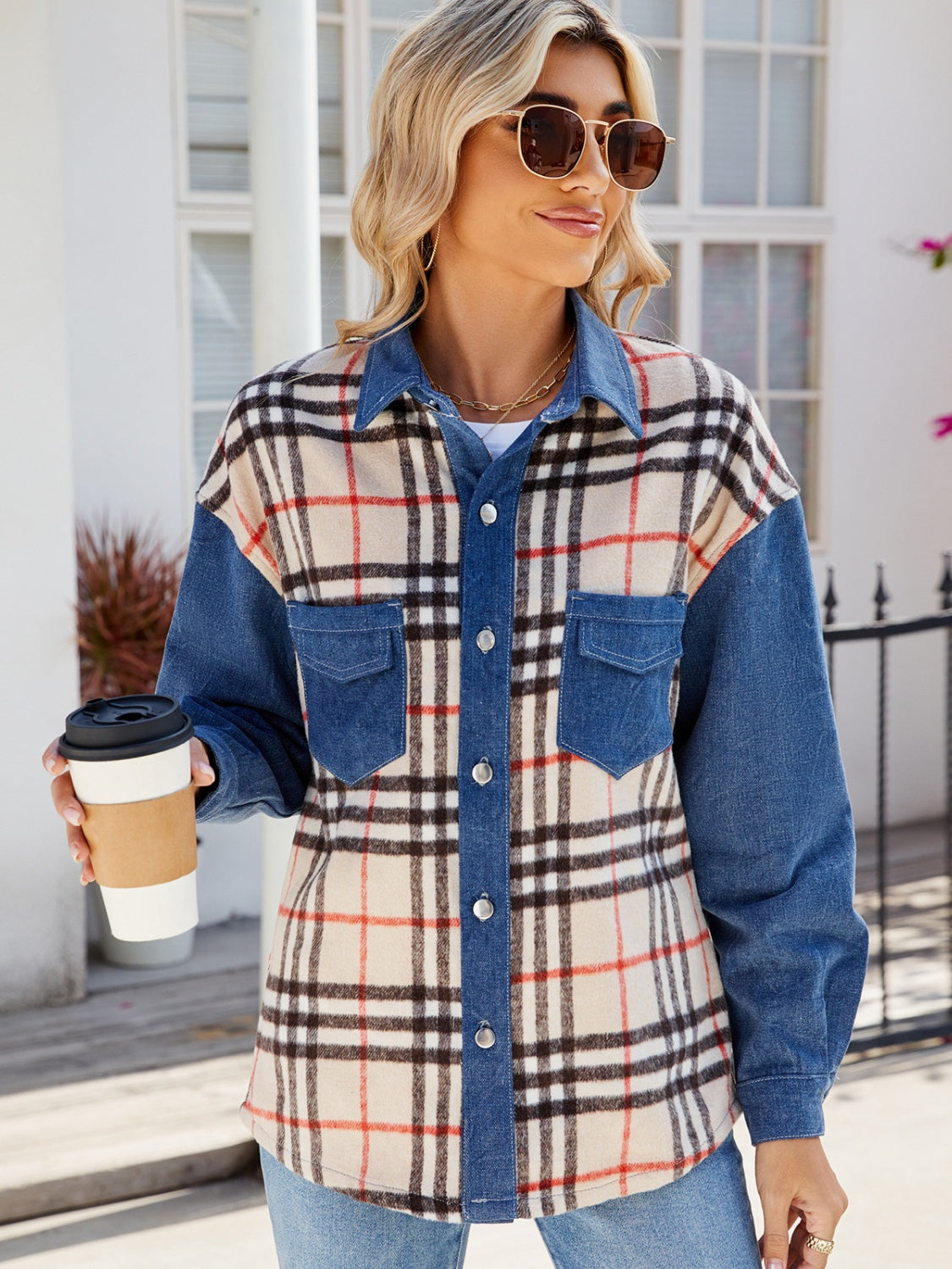 Plaid Long Sleeve Denim Jacket