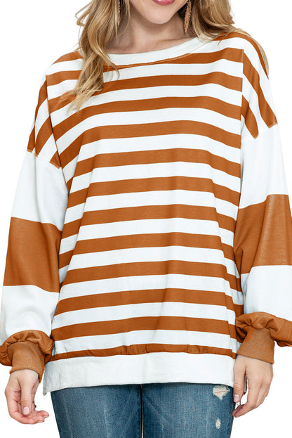 Black Striped Colorblock Drop Shoulder Pullover Sweatshirt