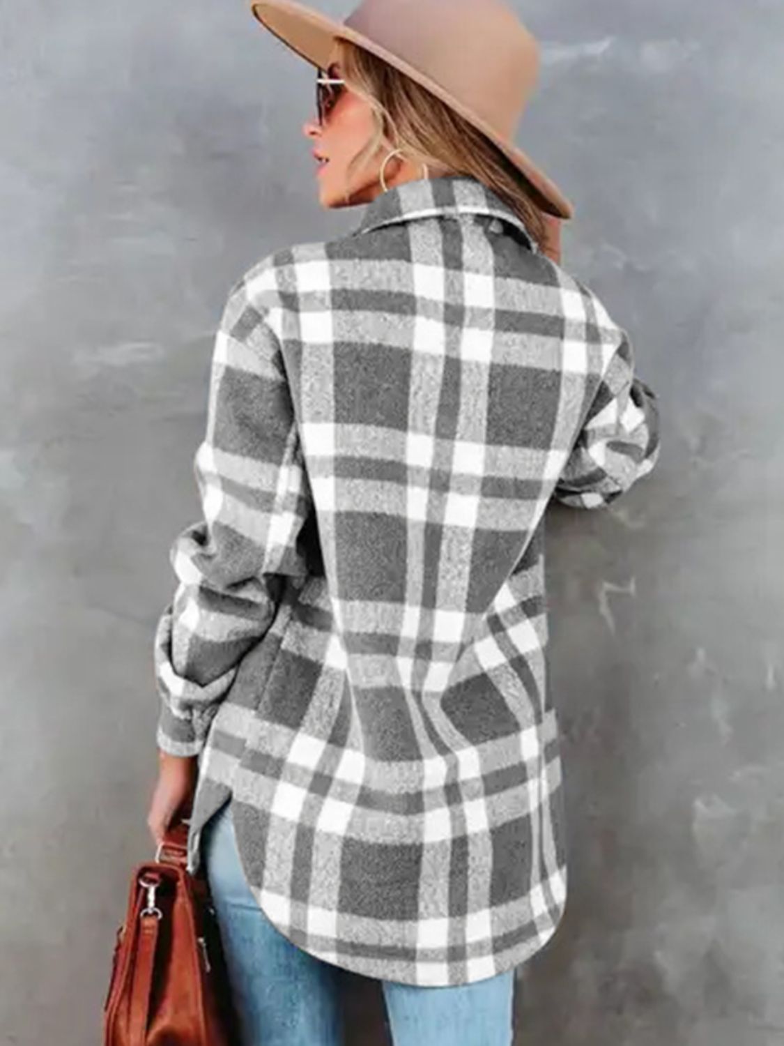 Plaid Collared Neck Long Sleeve Jacket