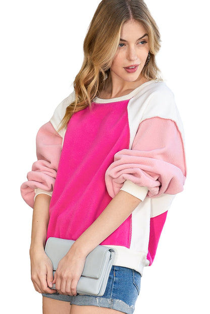 Rosy Colorblock Casual Seam Plush Pullover Sweatshirt