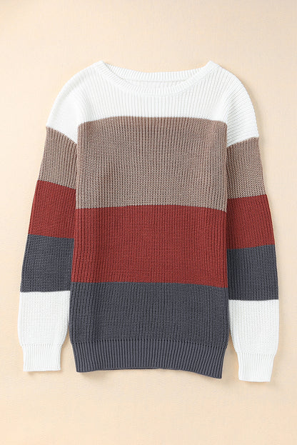 Chestnut Color Block Casual Knit Pullover Sweater