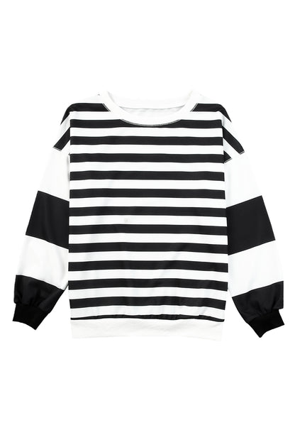 Black Striped Colorblock Drop Shoulder Pullover Sweatshirt