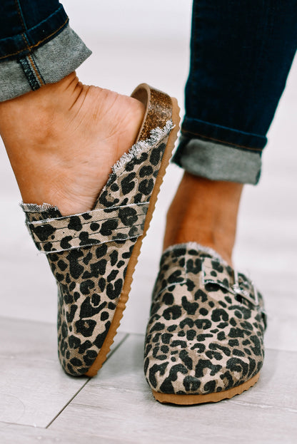 Cheetah Buckle Strap Frayed Canvas Slip On Slippers