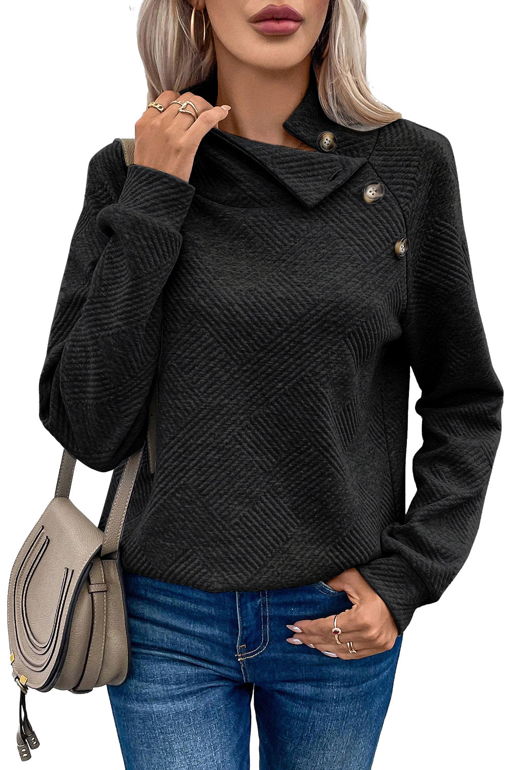 Apricot Solid Color Button Detail Textured Sweatshirt