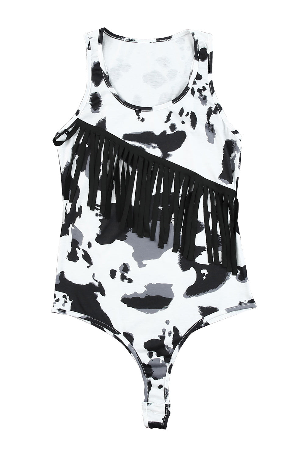 Black Animal Print Fringe Cowprint Bodysuit