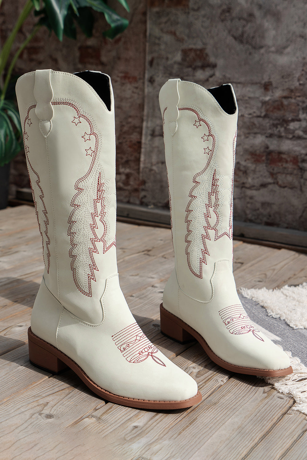 Bright White Geometric Leather Embroidered Boots