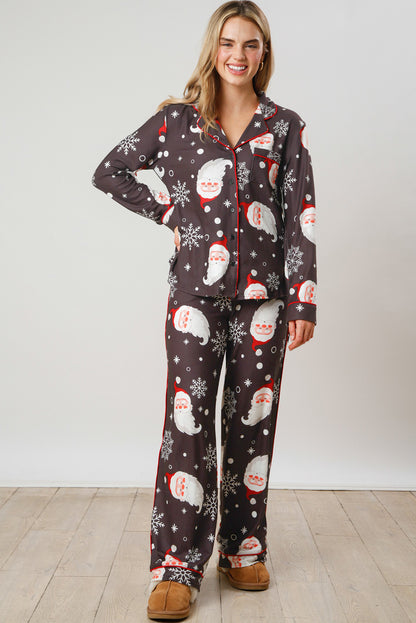 White Christmas Santa Print Pocket Shirt and Pants Pajama Set