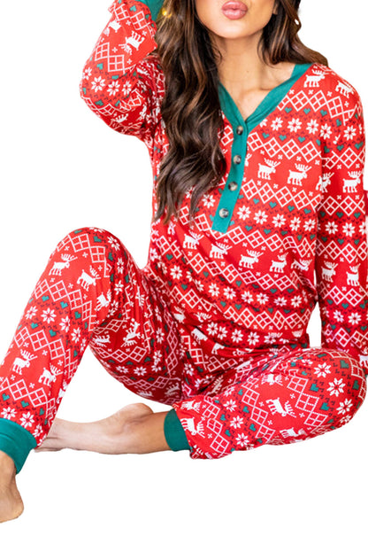 Red Christmas Print Henley Top & Pants Pajama Set