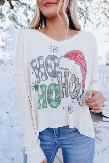 White HOHOHO Christmas Pattern Ribbed Drop Sleeve Top