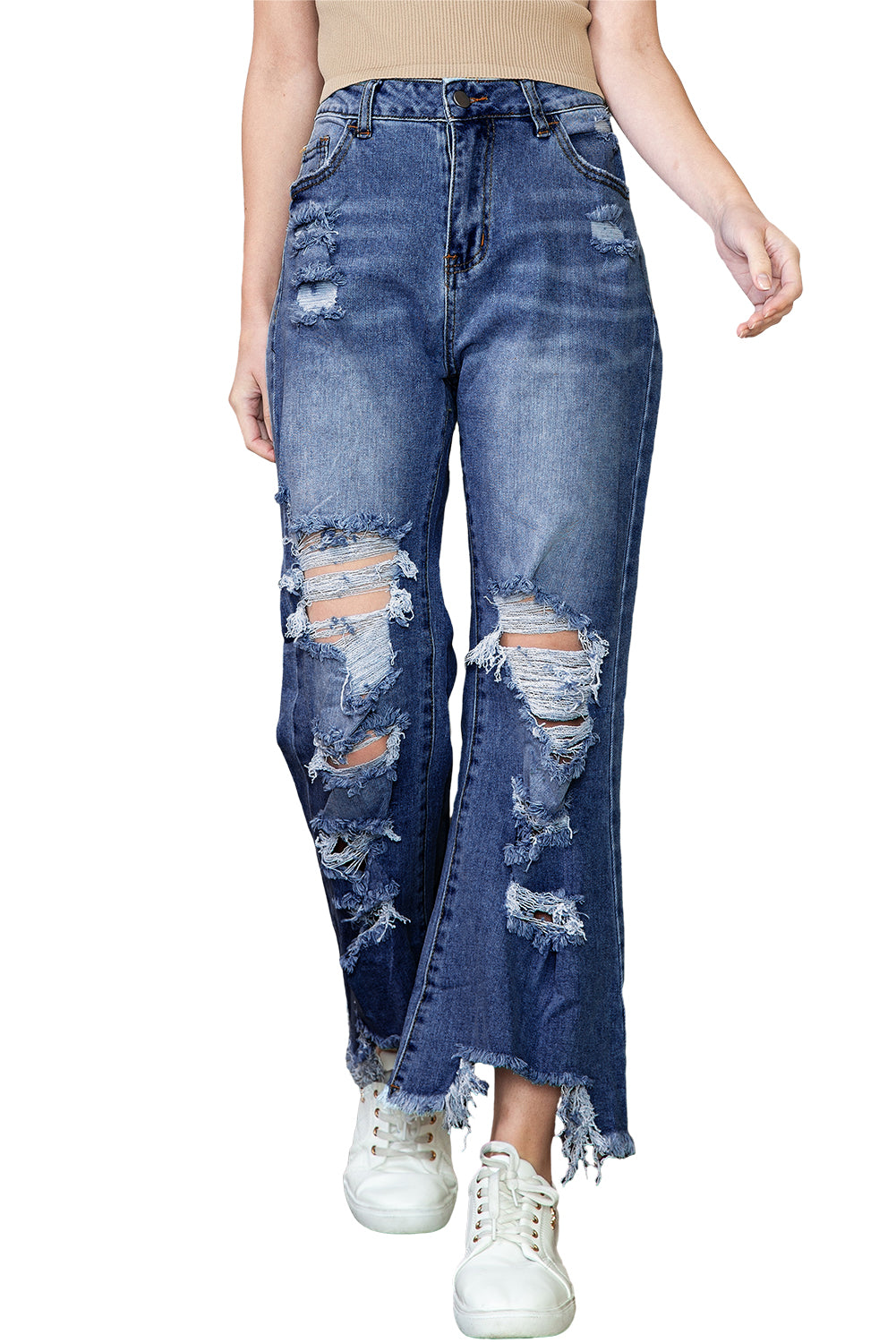 Sky Blue Heavy Destroyed Raw Hem Wide Leg Jeans