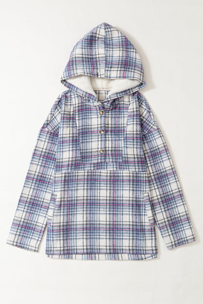 Khaki Plaid Button Neck Pocketed Pullover Hoodie