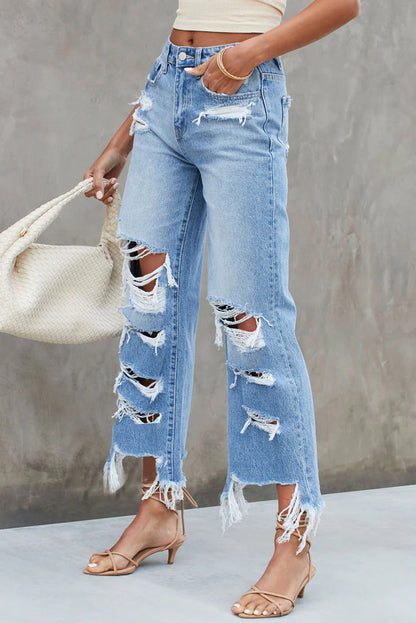 Sky Blue Heavy Destroyed Raw Hem Wide Leg Jeans