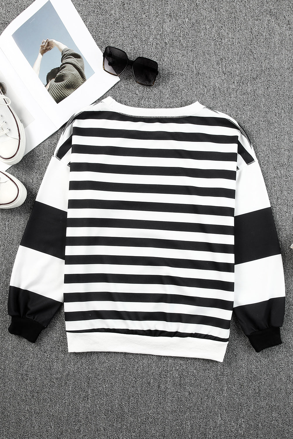 Black Striped Colorblock Drop Shoulder Pullover Sweatshirt