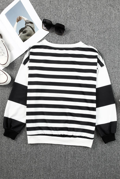 Black Striped Colorblock Drop Shoulder Pullover Sweatshirt