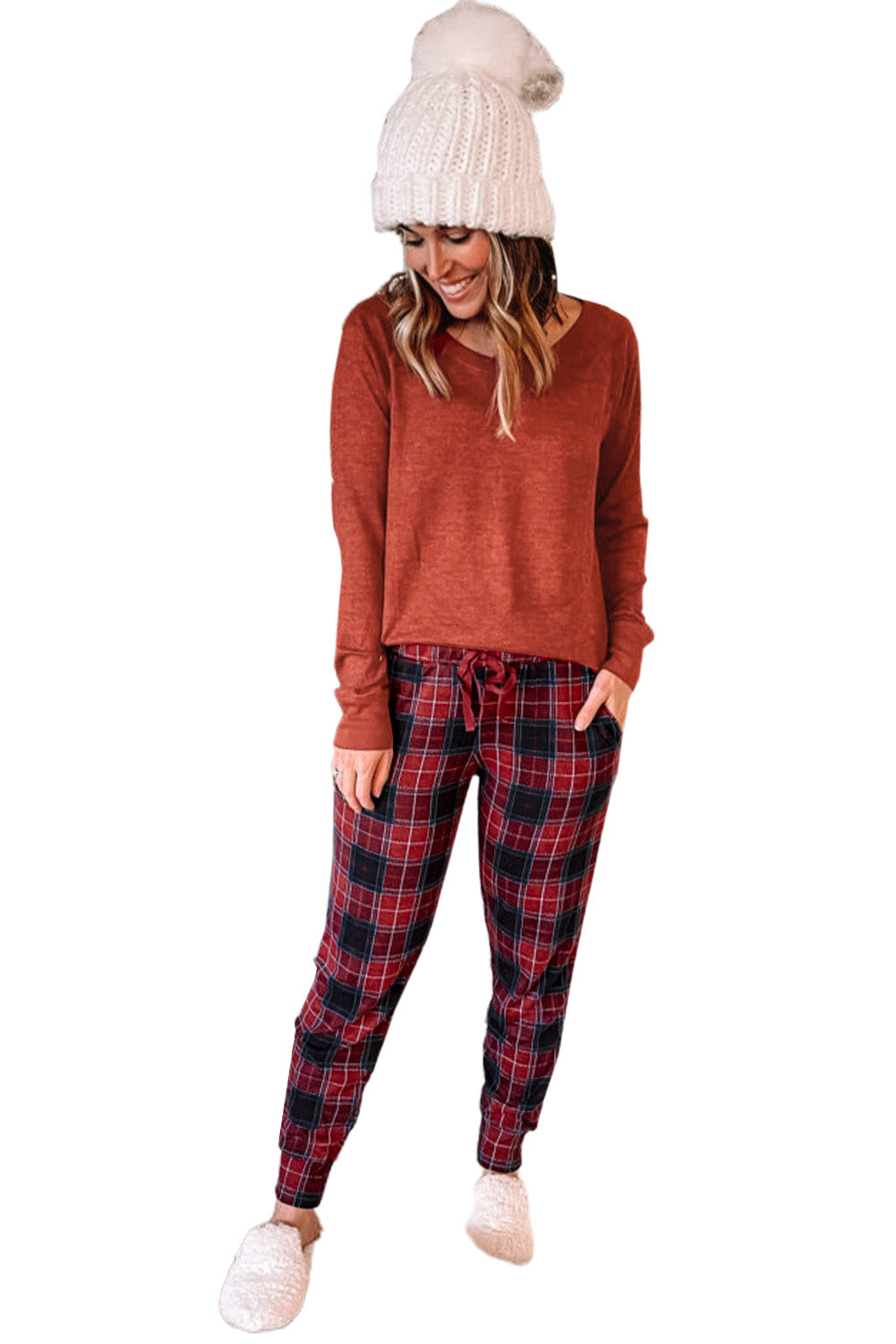 Red Solid Long Sleeve Top & Plaid Pants Loungewear Set