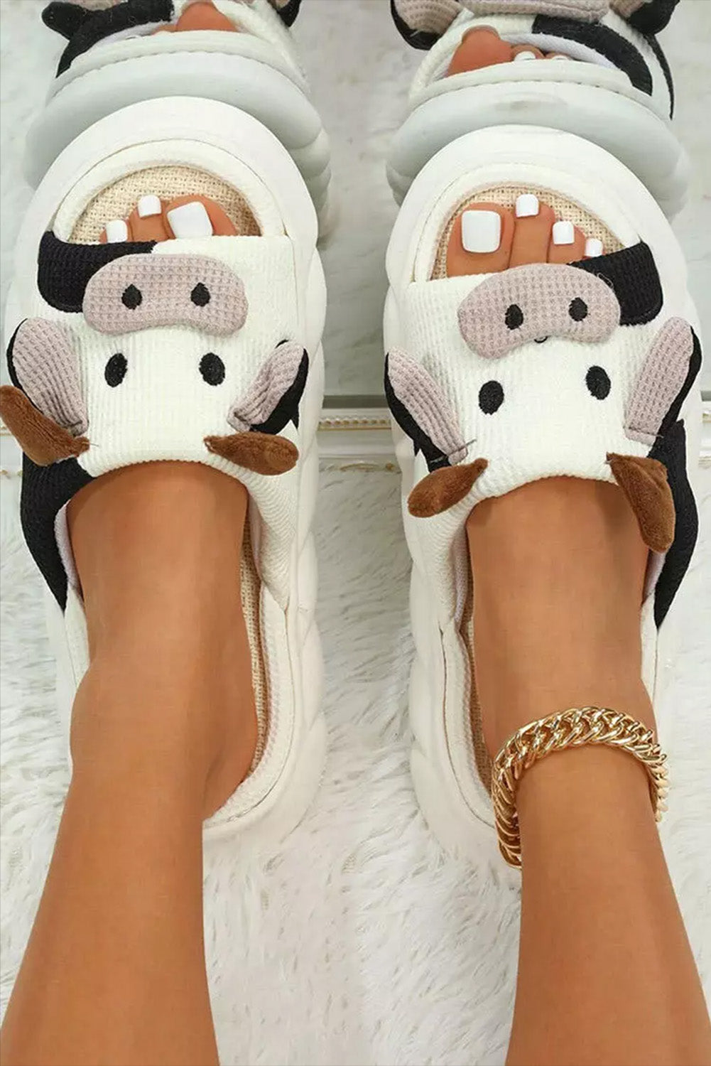 Bright White Cute Animal Pattern Open Toe Slippers