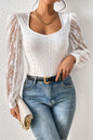 White Eyelet Contrast Lace Bishop Sleeve Bodysuit