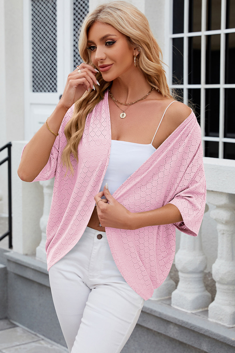 Eyelet Open Front Half Sleeve Cardigan