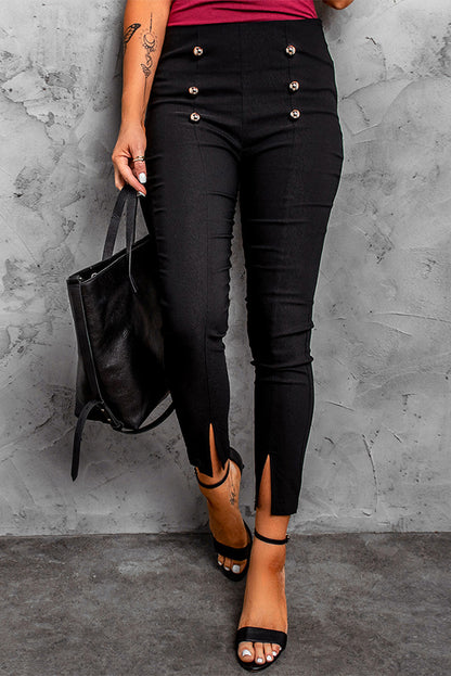 Black Casual Buttons Slit Skinny Pants