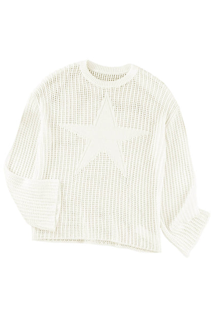 White Star Pattern Lightweight Hollow Knit Sweater