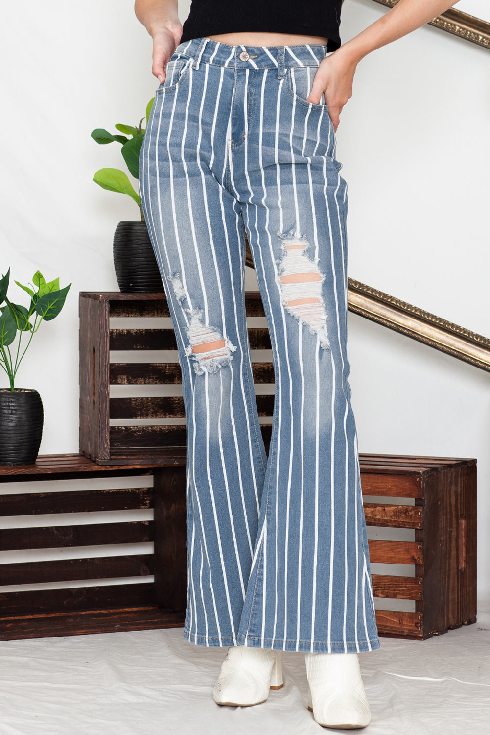 Sky Blue Vertical Striped Ripped Flare Jeans