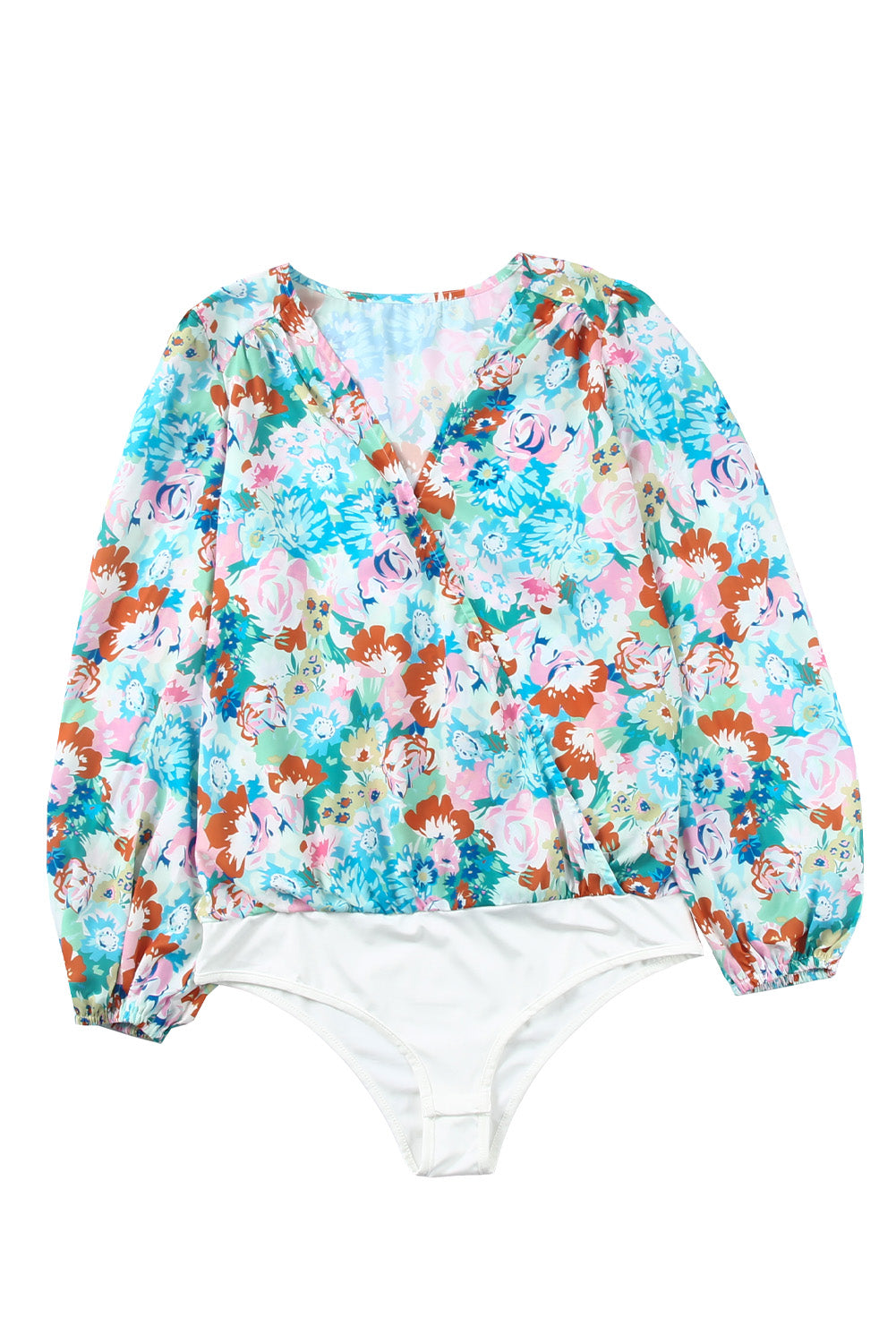 Light Blue Floral Print Boho Wrap V Neck Puff Sleeve Bodysuit