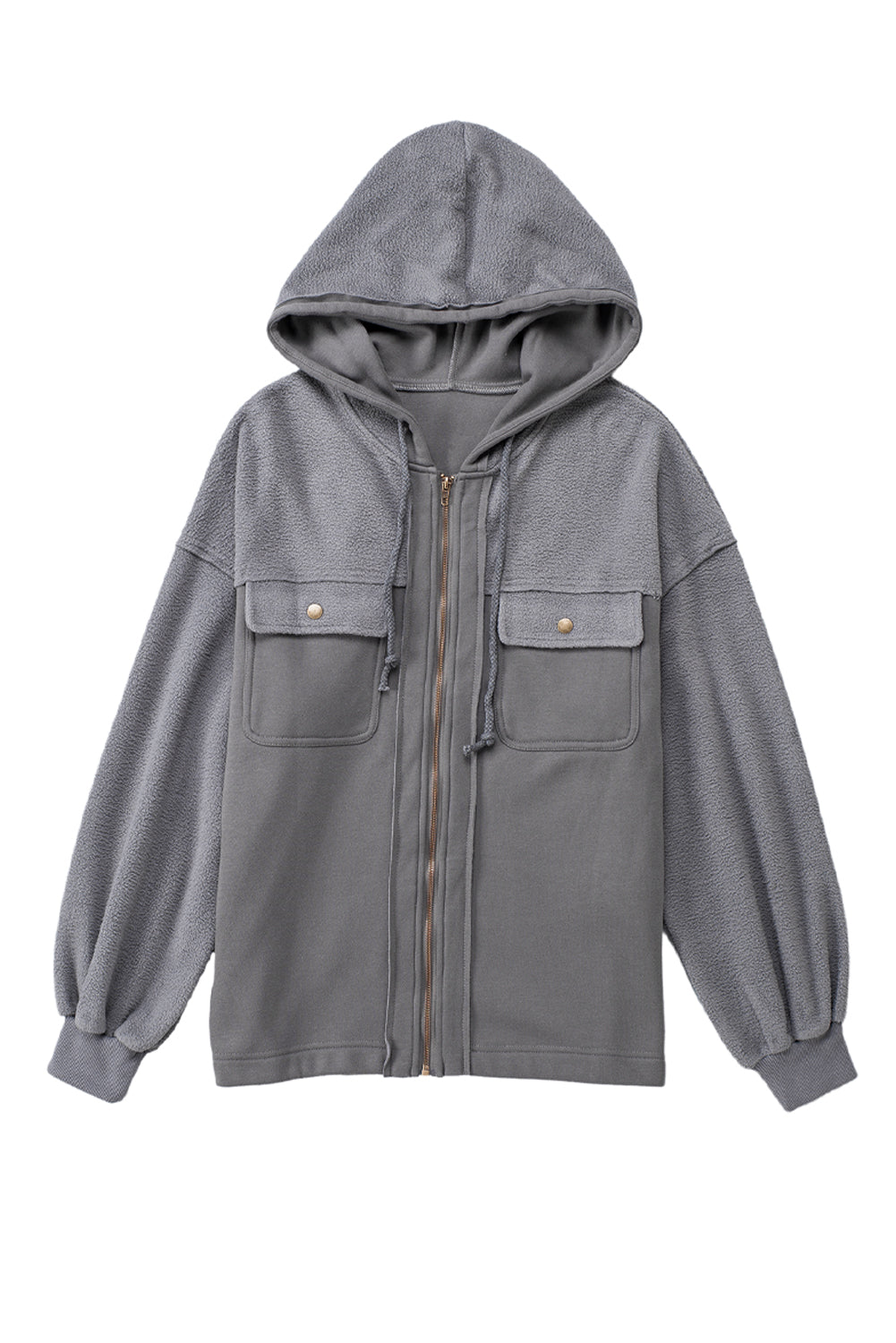 Apricot Bishop Sleeve Zip Up Hoodie Jacket with Flap Pockets