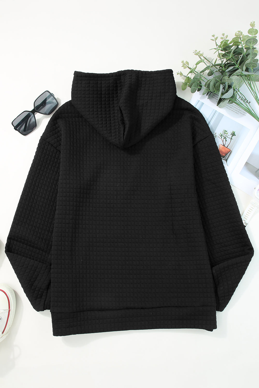 White Lattice Textured Kangaroo Pocket Drawstring Hoodie