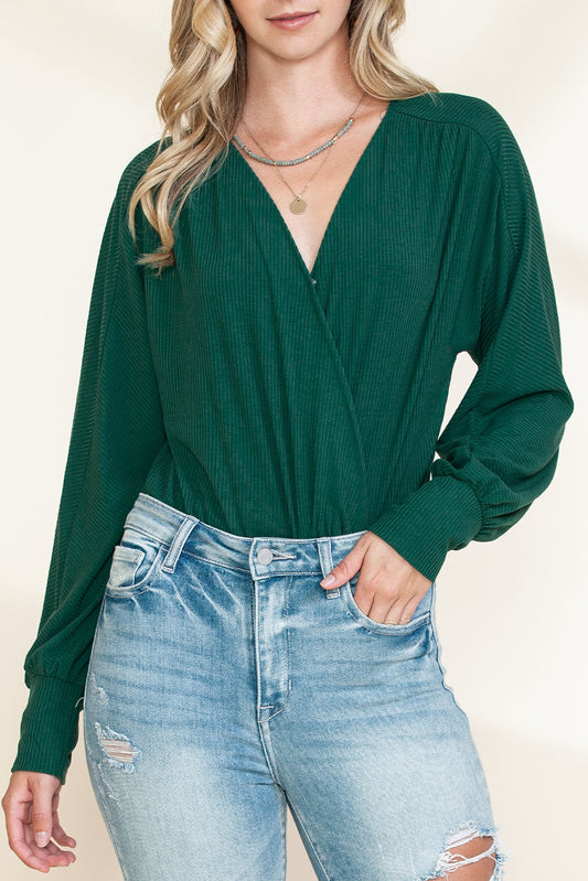 Green Ribbed Texture Drape Front V Neck Bodysuit