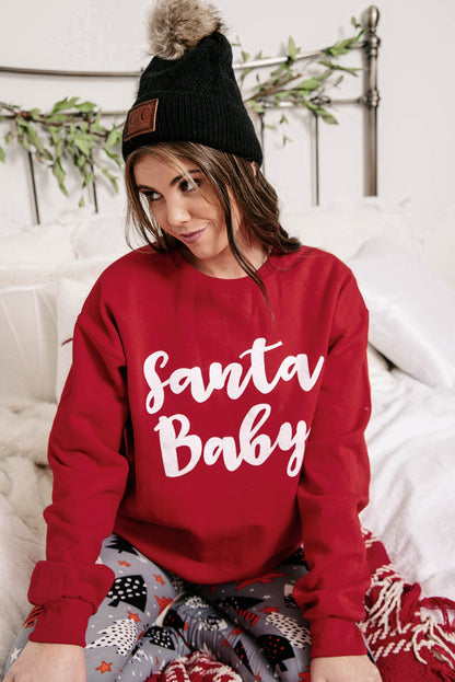 Red Santa Baby Print Crew Neck Pullover Graphic Sweatshirt