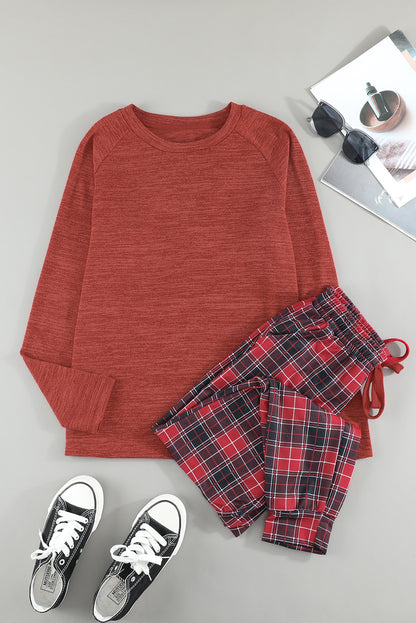 Red Solid Long Sleeve Top & Plaid Pants Loungewear Set