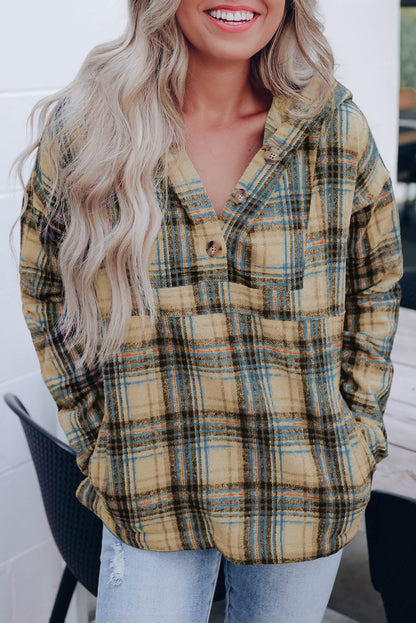 Khaki Plaid Button Neck Pocketed Pullover Hoodie