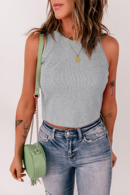 Plain White Ribbed Knit Basic Cropped Tank Top