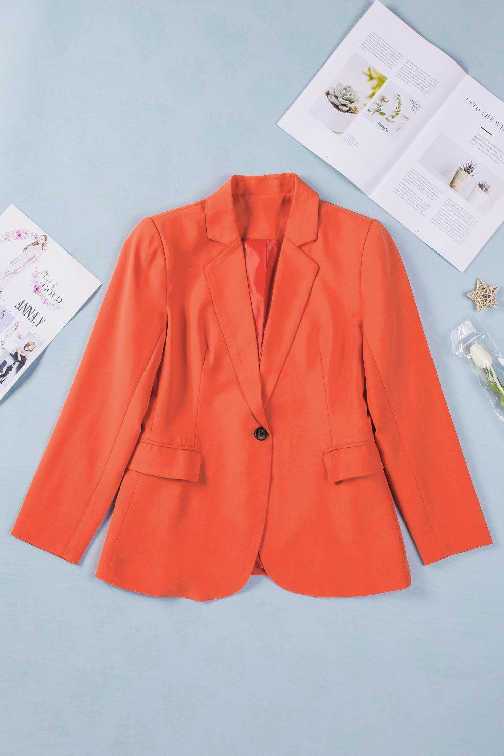 Red Flip Pocket Casual Button Lapel Neck Blazer For Women