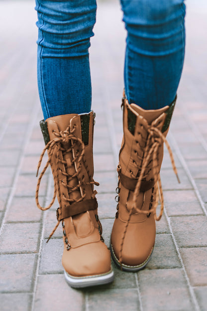 Coffee Round Toe Lace Up Zipper Casual Boots