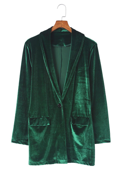 Green Lapel Collar Velvet Blazer with Flap Pockets