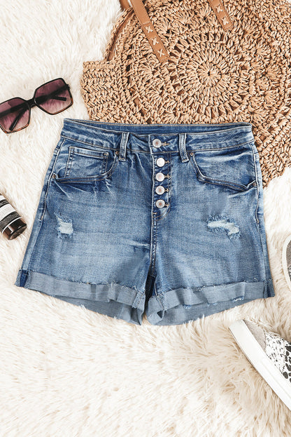 Light Blue Button Fly Distressed High Rise Denim Shorts