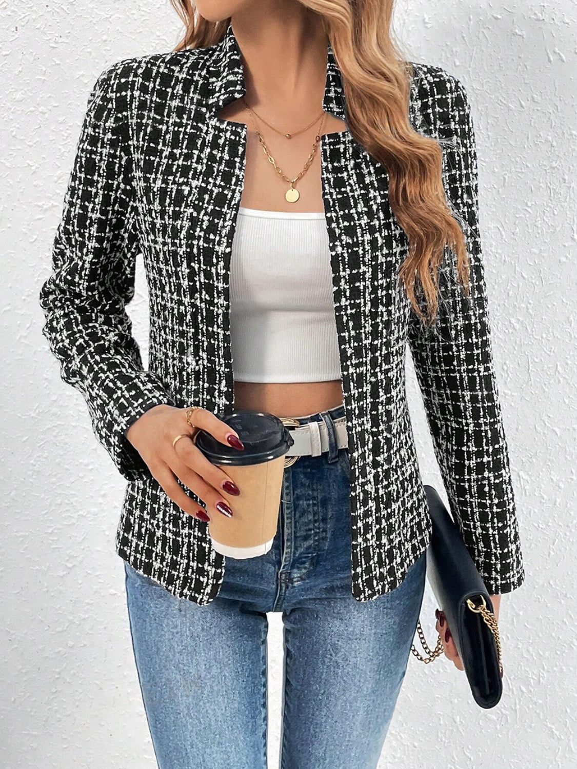 Plaid Open Front Long Sleeve Jacket