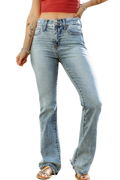 Blue Light Wash Distressed Flare High Rise Jeans