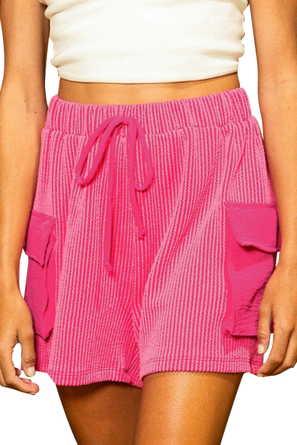 Bright Pink Cargo Pocket Ribbed Drawstring Shorts
