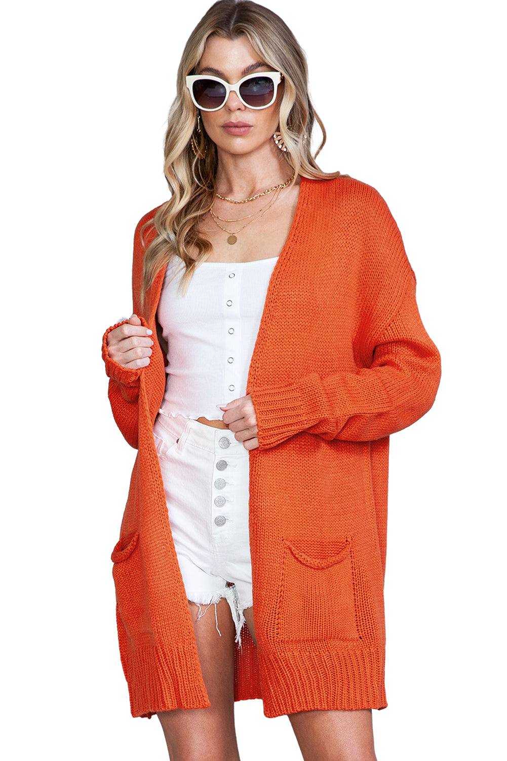 Orange Pockets Open Front Knitted Cardigan