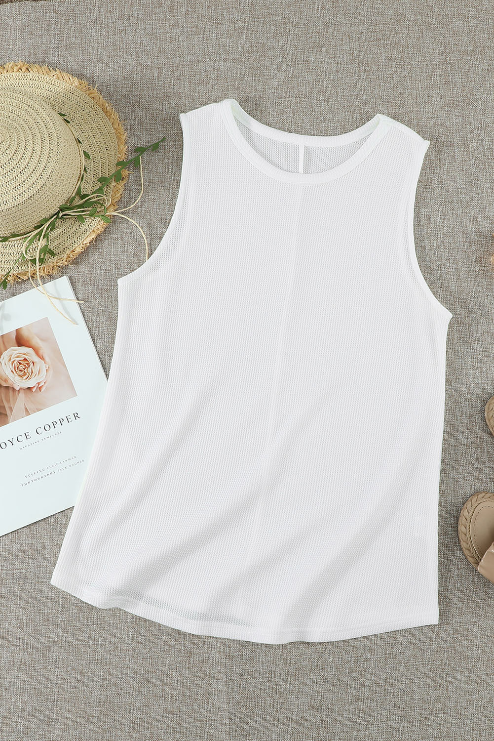 White Basic Waffle Crew Neck Tank Top